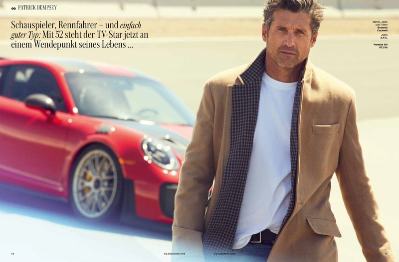 Actor Patrick Dempsey dons a coat, jacket, and t-shirt by Brunello Cucinelli. He also sports A.P.C. jeans.