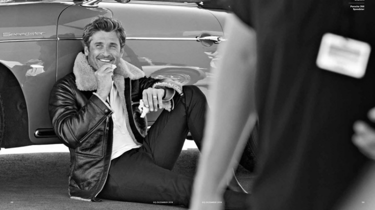 Connecting with GQ Germany, Patrick Dempsey wears a leather jacket, henley, and pants by Tom Ford. Church's boots complete Dempsey's look.