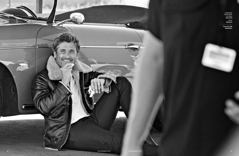 Connecting with GQ Germany, Patrick Dempsey wears a leather jacket, henley, and pants by Tom Ford. Church's boots complete Dempsey's look.