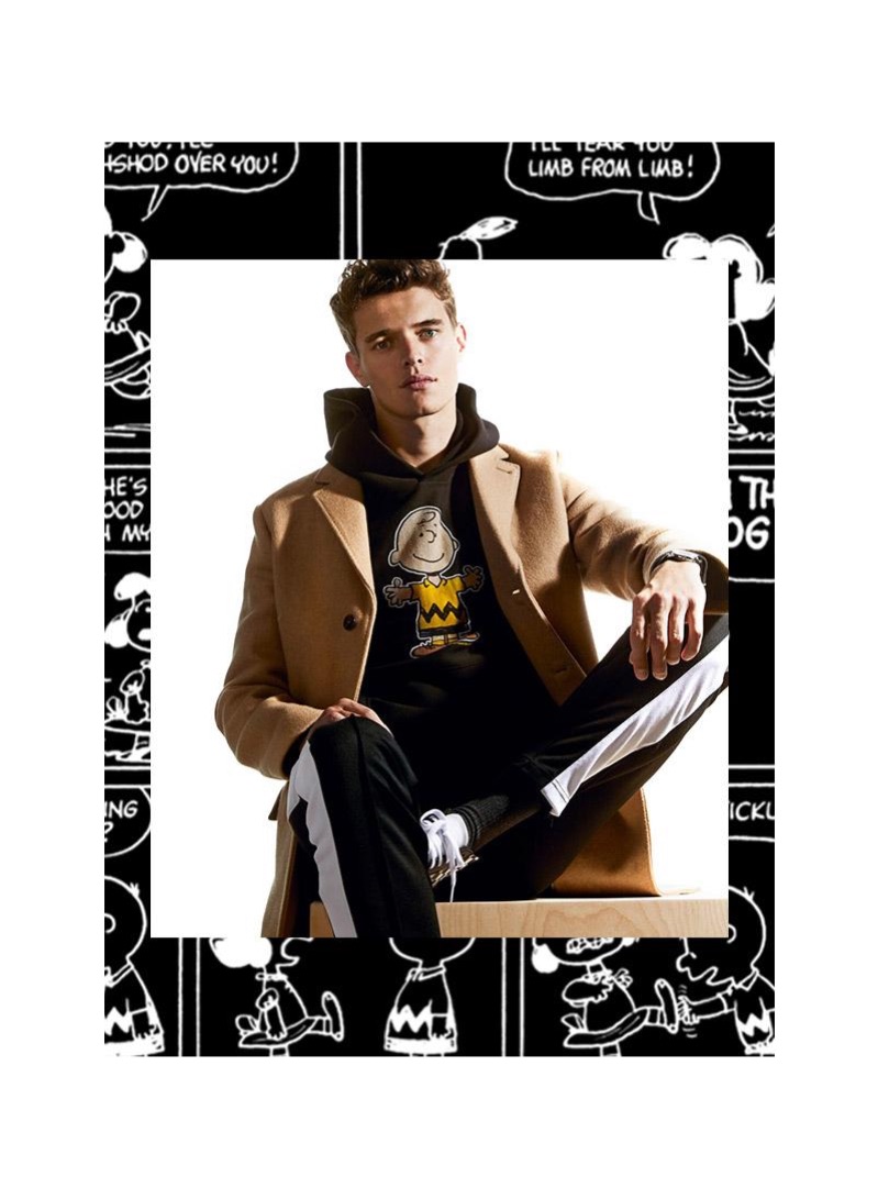 Jordy Baan wears a Todd Snyder + Champion Peanuts Charlie Brown hoodie.