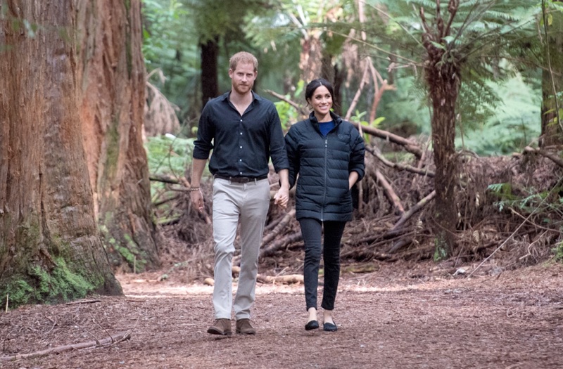 Prince Harry, Duke of Sussex and Meghan, Duchess of Sussex visit Redwoods Tree Walk on October 31, 2018 in Rotorua, New Zealand. The Duke of Sussex embraces smart style in a pair of slim-fit chinos from 7 For All Mankind.