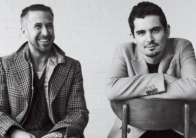 All smiles, Ryan Gosling joins Damien Chazelle for GQ. Gosling wears a Gucci coat with his Levi's jacket and sweater vest. He also dons a Calvin Klein tank and Ralph Lauren pants. Meanwhile, Chazelle sports a Prada coat and sweater with his own pants.