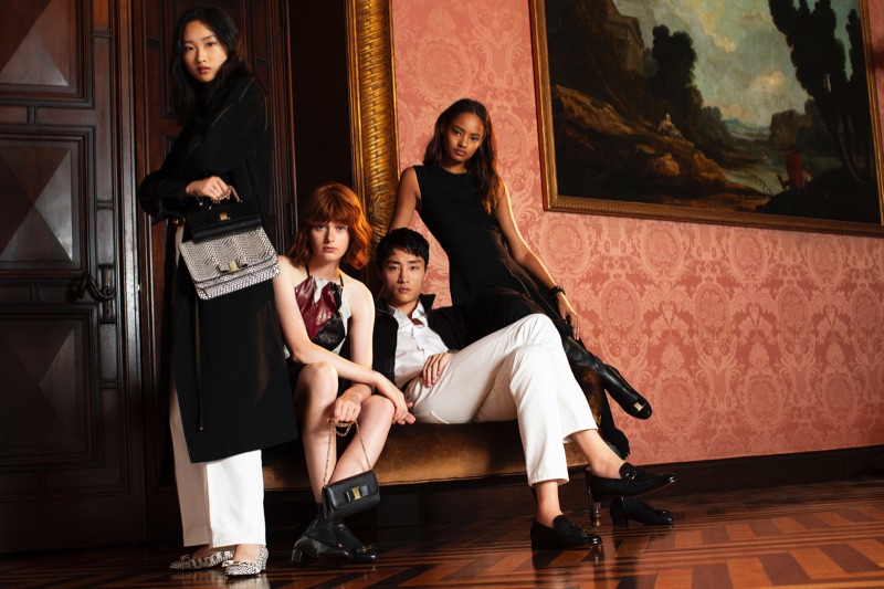 Models Chuyan He, Fabienne Dobbe, Ryu Wankyu, and Malaika Firth appear in Salvatore Ferragamo's holiday 2018 campaign.