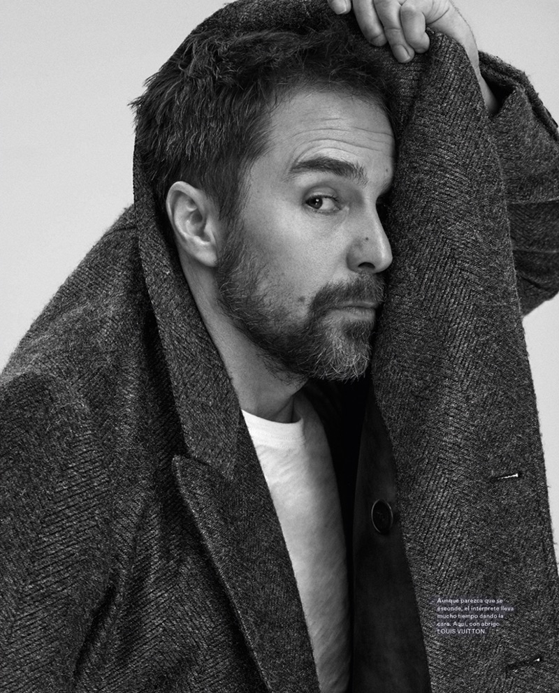 Ready for his close-up, Sam Rockwell dons a Louis Vuitton coat.