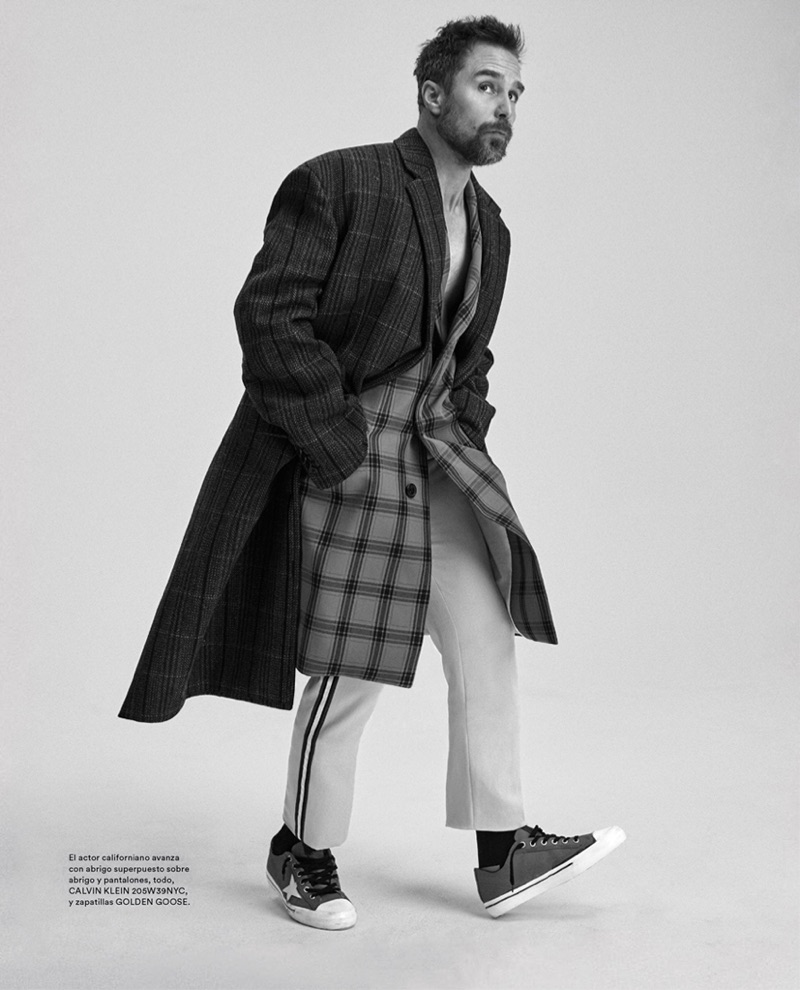 Mixing prints, Sam Rockwell wears a Calvin Klein look with Golden Goose shoes.