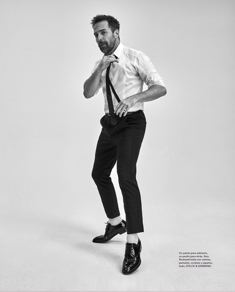 Playing it smart, Sam Rockwell wears Dolce & Gabbana.