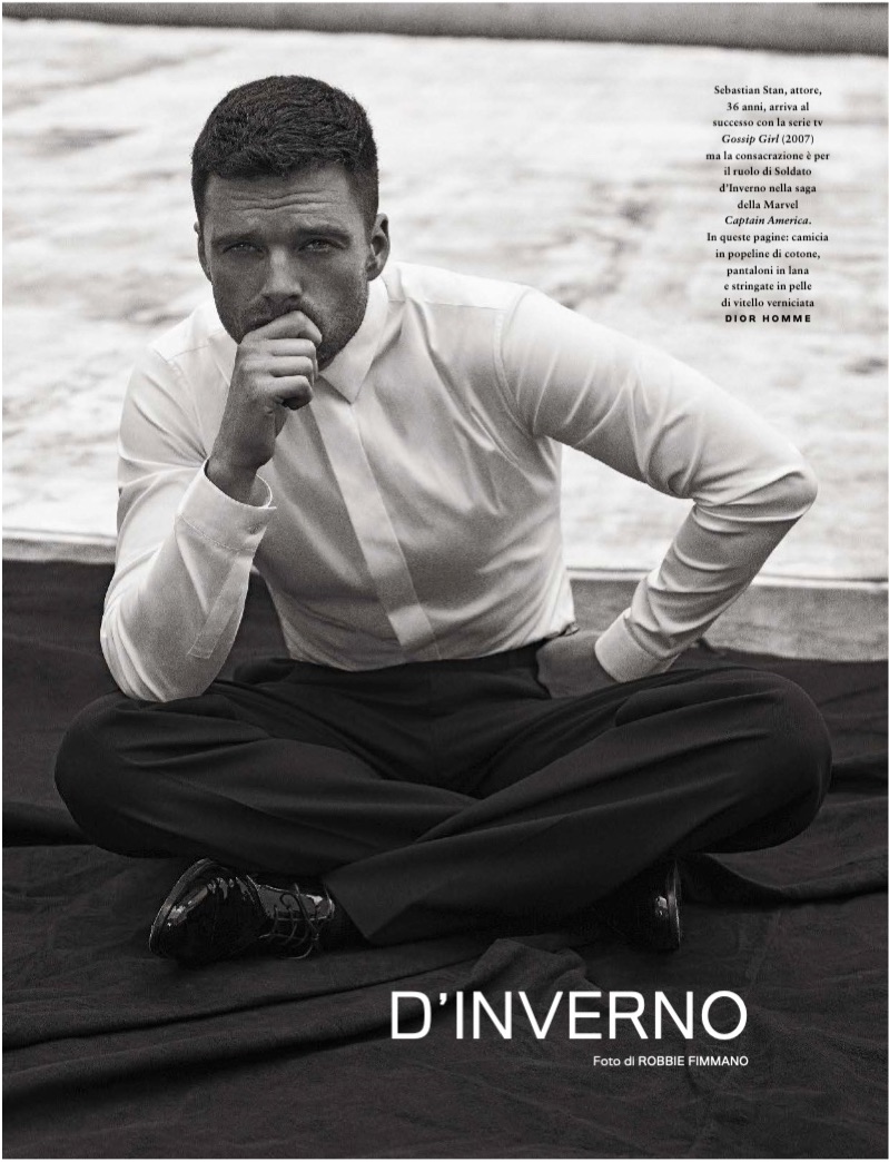 Robbie Fimmano photographs Sebastian Stan for the pages of GQ Italia.