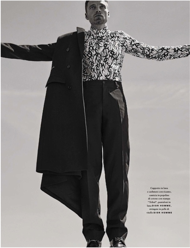 Clad in Dior Men, Sebastian Stan poses for a photo shoot.