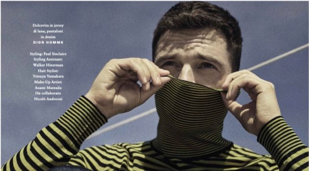 Sebastian Stan Sports Dior Men for GQ Italia Playing it coy, Sebastian Stan wears Dior Men for GQ Italia.