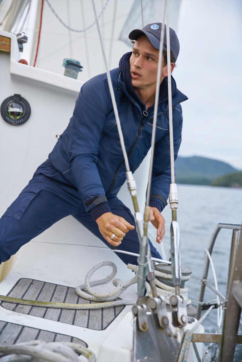 Enjoying a nautical moment, Simon Nessman stars in North Sails' fall-winter 2018 campaign.