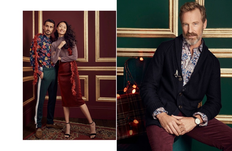 Left: Arthur Kulkov dons a LE 31 floral western shirt with retro track pants. Right: Rainer Andreesen sports a LE 31 suede-elbow shawl-collar cardigan, floral paisley shirt, and corduroy pants.