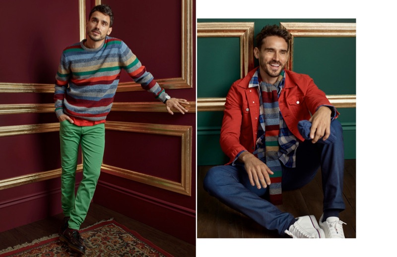 Left: Arthur Kulkov wears a mixed-stripe lambswool sweater and colored jeans by LE 31 with Dr Martens loafers. Right: All smiles, Arthur sports a LE 31 red jean jacket, striped scarf, check overshirt, and royal blue jeans with Converse sneakers.