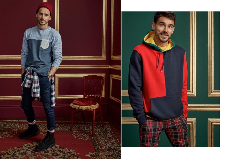 Left: Model Arthur Kulkov rocks a LE 31 pocket t-shirt, flannel shirt, and joggers with Timberland boots. Right: Embracing color, Arthur Kulkov wears a LE 31 color-block hoodie and tartan pants.