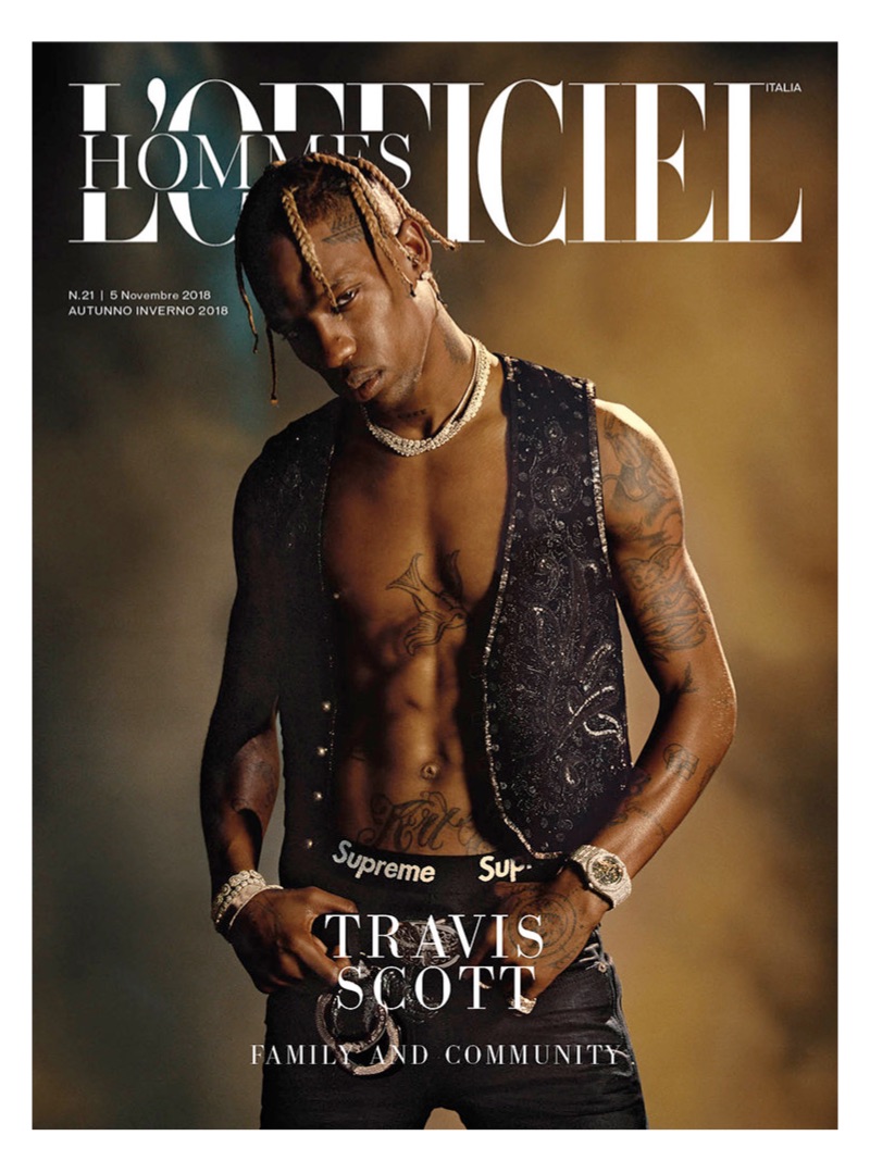 Travis Scott covers the November 2018 issue of L'Officiel Hommes Italia.