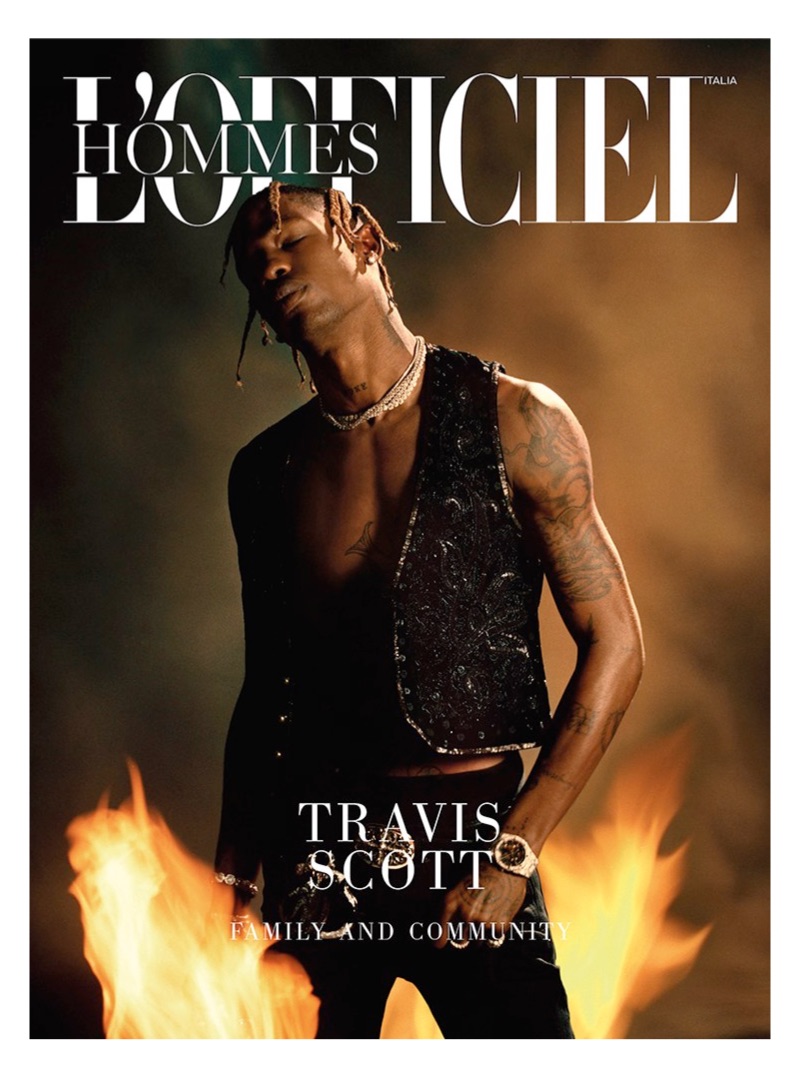 Amanda Charchian photographs Travis Scott for L'Officiel Hommes Italia. 