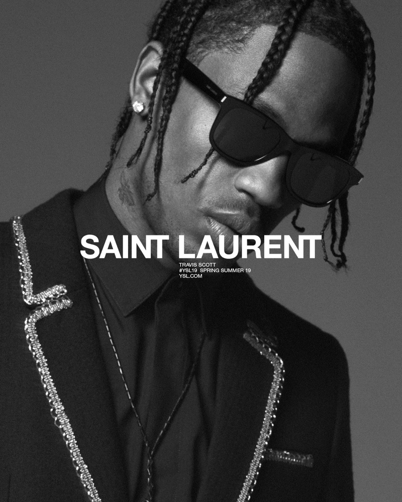 Rocking shades, Travis Scott appears in Saint Laurent's spring-summer 2019 campaign.