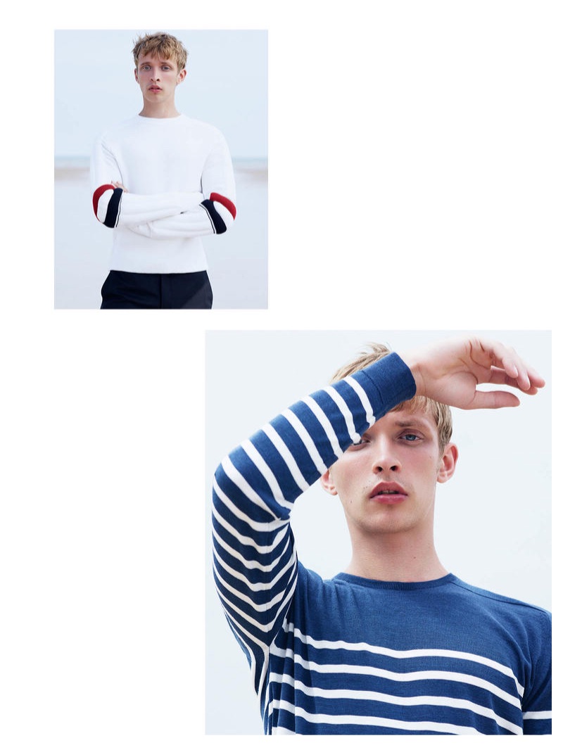 From Top: THOM BROWNE sweater £470, LORO PIANA trousers £600; JOHN SMEDLEY sweater £160