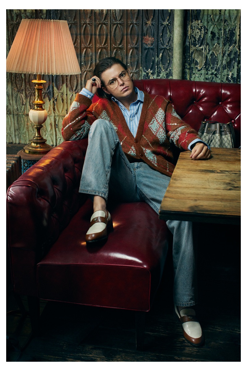 Michael Schwartz photographs Joe Valle in Gucci for Harper's Bazaar.