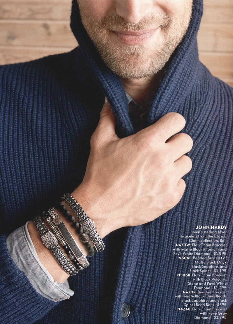 Layering accessories, Will Chalker dons bracelets from John Hardy. » Cabin Fever: Will Chalker Dons Winter Style for Neiman Marcus Layering accessories, Will Chalker dons bracelets from John Hardy.
