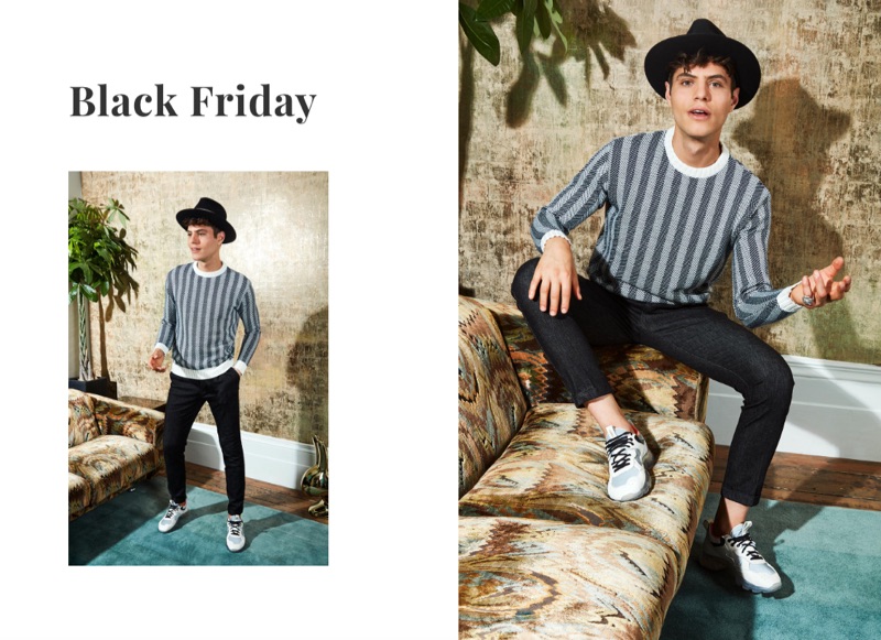 A hip vision, Antonino Russo dons a striped Camo pullover and pants with a Super Duper hat and Rov sneakers.