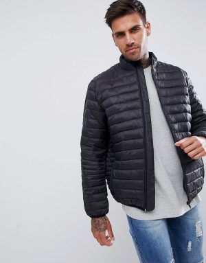 ASOS DESIGN quilted jacket with funnel neck in black - Black ASOS DESIGN quilted jacket with funnel neck in black - Black