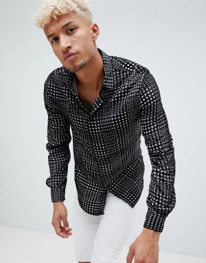 ASOS DESIGN regular fit houndstooth velvet burnout check shirt - Black ASOS DESIGN regular fit houndstooth velvet burnout check shirt - Black