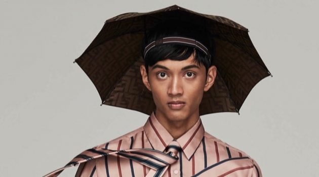 Tales of the Unexpected: Arun Gupta for Harrods FENDI shirt £850, trousers £550, umbrella hat £250 and tie £100