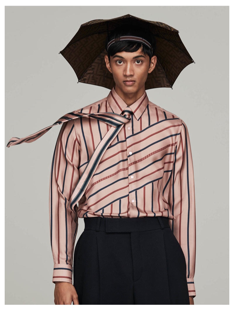 FENDI shirt £850, trousers £550, umbrella hat £250 and tie £100