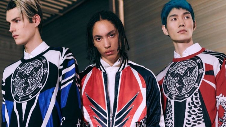 Embracing a streetwear-inspired edge, models Elias de Poot, Andrew Nelson, and Jo Wonil wear Balmain.