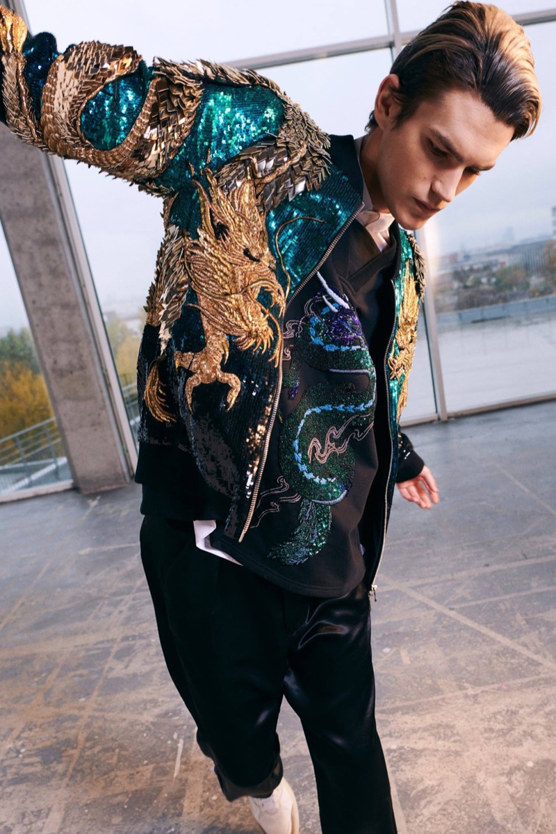 Elias de Poot rocks a statement jacket from Balmain's pre-fall 2019 men's collection.