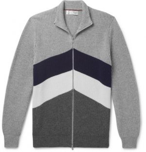 Brunello Cucinelli - Slim-Fit Chevron Ribbed Cashmere Zip-Up Cardigan - Men - Gray Brunello Cucinelli - Slim-Fit Chevron Ribbed Cashmere Zip-Up Cardigan - Men - Gray