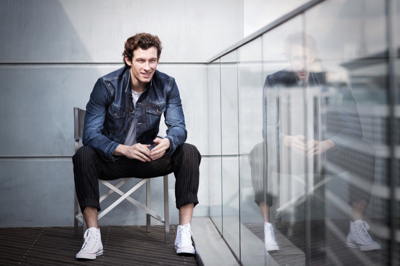 Starring in a photo shoot, Callum Turner wears clothes from Acne Studios, Sunspel, and Folk.