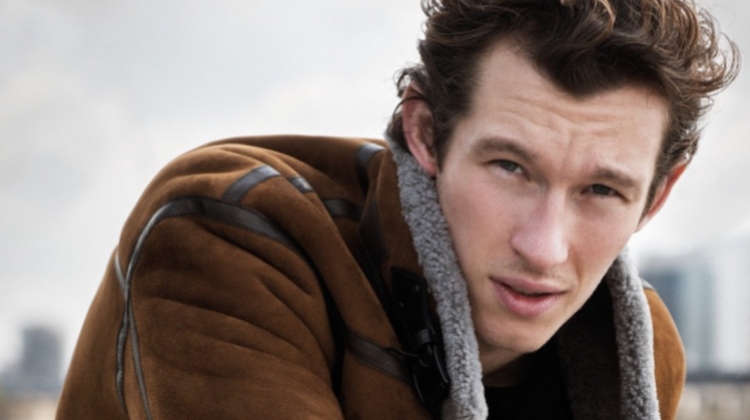 Actor Callum Turner dons a shearling jacket by Lanvin.