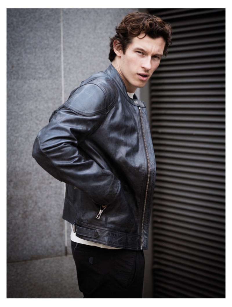 Rocking a leather jacket, Callum Turner appears in a new photo shoot.