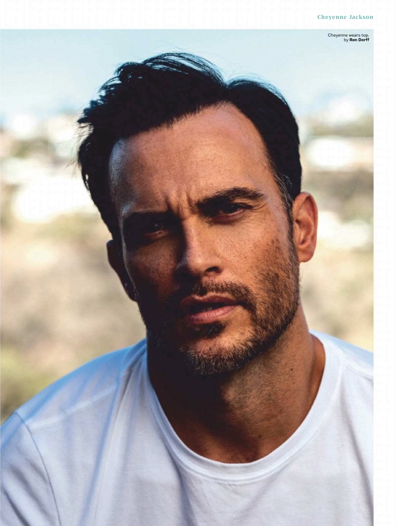 Ready for his closeup, Cheyenne Jackson wears a Ron Dorff top.