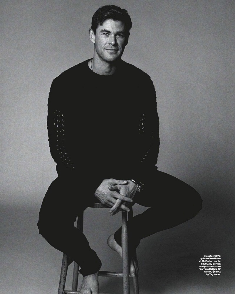 Actor Chris Hemsworth wears a Dries Van Noten sweater with Berluti pants.