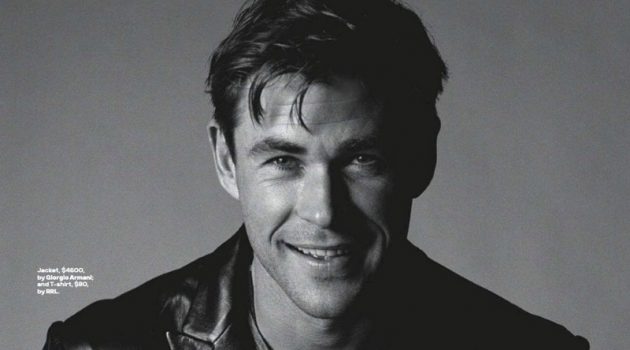 All smiles, Chris Hemsworth dons a Giorgio Armani leather jacket with a RRL t-shirt.