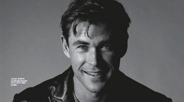 Chris Hemsworth Reunites with GQ Australia, Talks Acting All smiles, Chris Hemsworth dons a Giorgio Armani leather jacket with a RRL t-shirt.