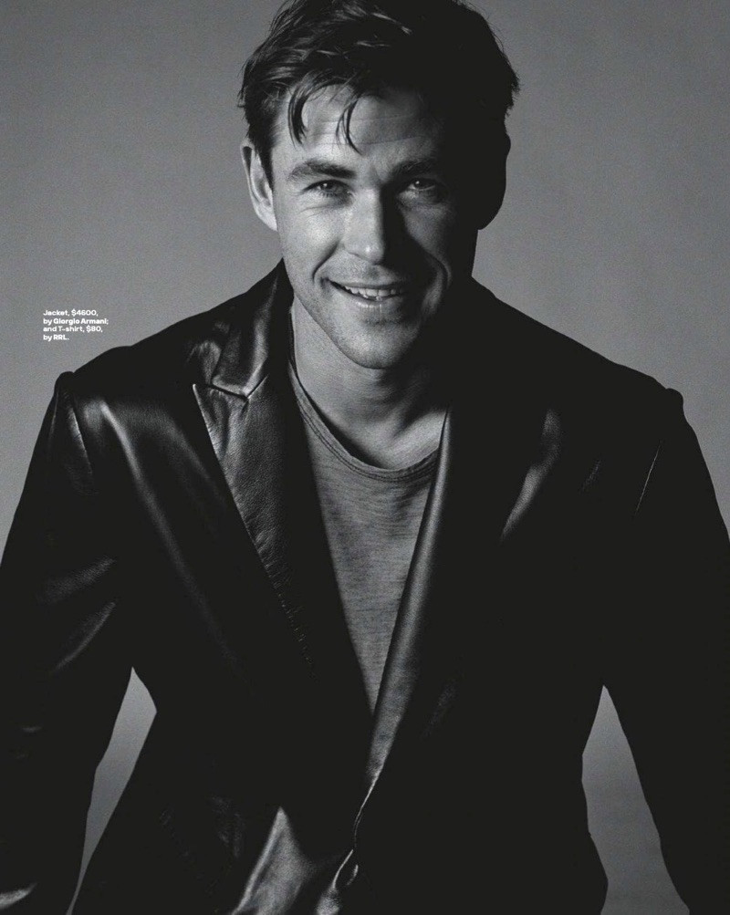 All smiles, Chris Hemsworth dons a Giorgio Armani leather jacket with a RRL t-shirt.