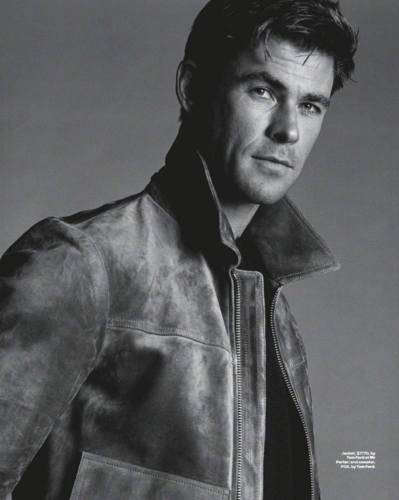 Starring in a photo shoot, Chris Hemsworth sports a Tom Ford jacket and sweater.