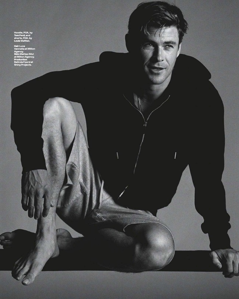 Appearing in a GQ Australia photo shoot, Chris Hemsworth wears a Tom Ford hoodie and Louis Vuitton shorts. » Chris Hemsworth Reunites with GQ Australia, Talks Acting Appearing in a GQ Australia photo shoot, Chris Hemsworth wears a Tom Ford hoodie and Louis Vuitton shorts.