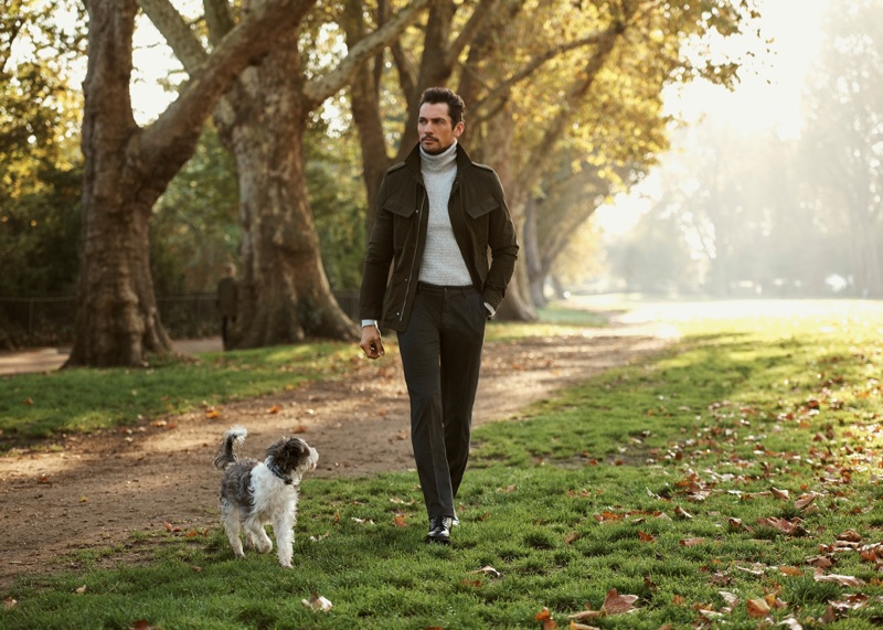 Going for a stroll, David Gandy wears a sleek look from Mango.