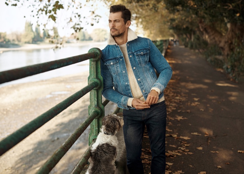 Embracing the classic denim trucker jacket, David Gandy wears Mango.