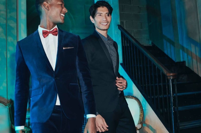 Left: Ben Allen dons a H&M velvet blazer and suit pants with a tuxedo shirt and red bow-tie. Right: Daniel Liu sports a H&M tuxedo jacket and patterned shirt.