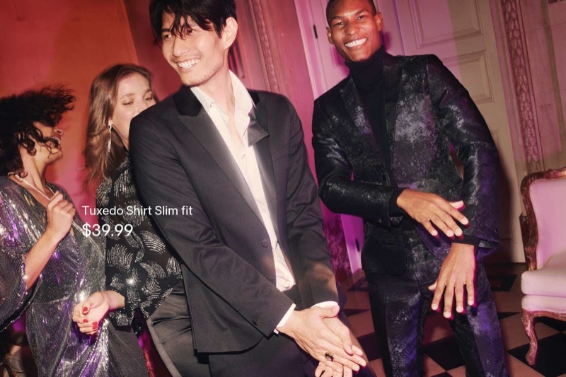 Pictured left, Daniel Liu dons a H&M tuxedo jacket, shirt, and slim-fit trousers. Right: Brad Allen dons a H&M jacquard-weave blazer and suit pants.