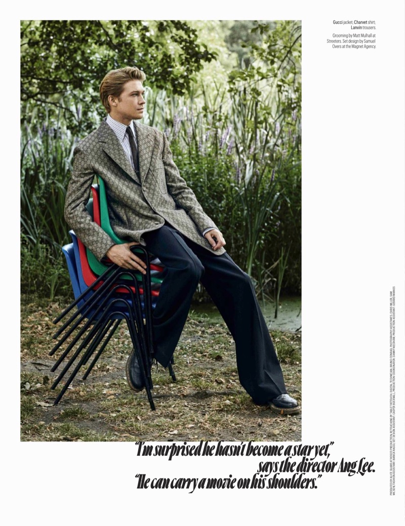 Making a case for prints, Joe Alwyn sports a Gucci suit jacket, Charvet shirt, and Louis Vuitton trousers.