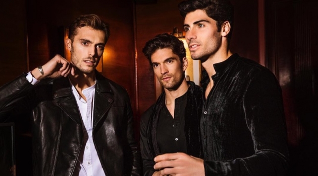 John Varvatos Proposes Holiday Dressing After Dark Federico Cola, David Sanz, and Brandon Goss sport leather and velvet looks from John Varvatos.