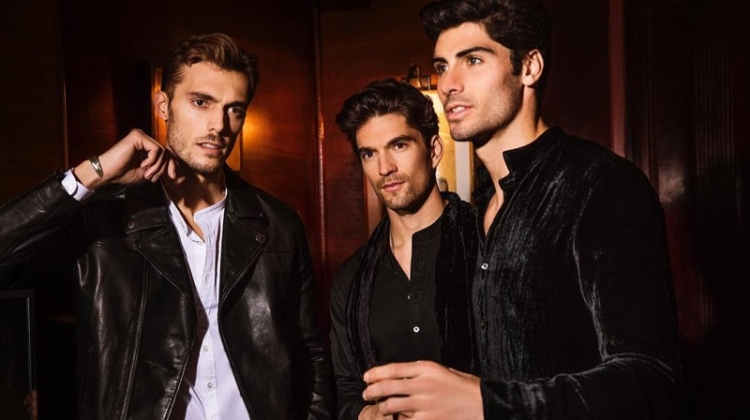 Federico Cola, David Sanz, and Brandon Goss sport leather and velvet looks from John Varvatos.