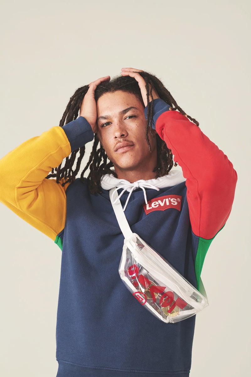 James Magee rocks a color blocked hoodie from Levi's Red Tab's spring-summer 2019 collection.