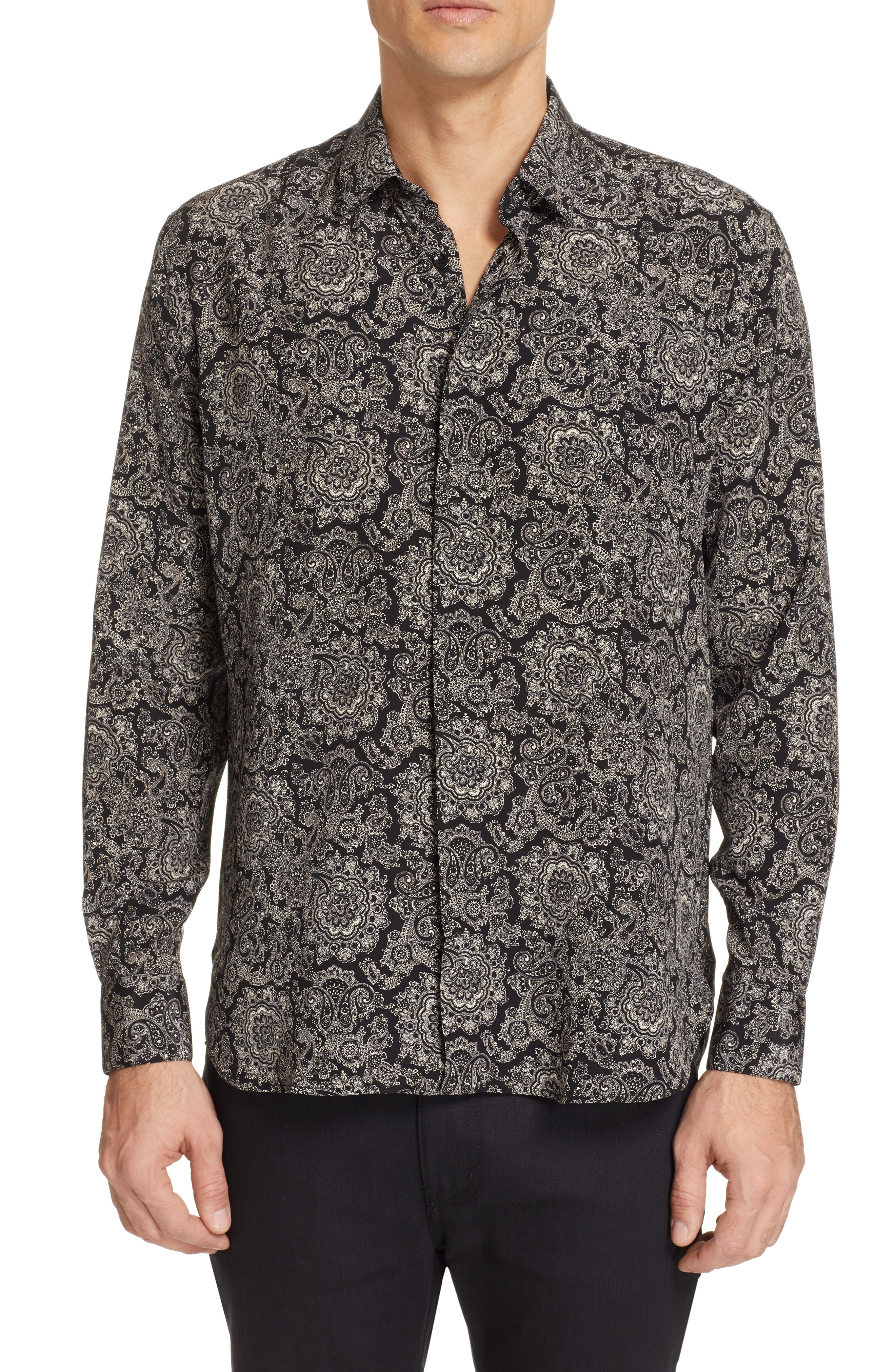 Men’s Saint Laurent Couer Pattern Silk Shirt, Size 38 EU – Black | The ...